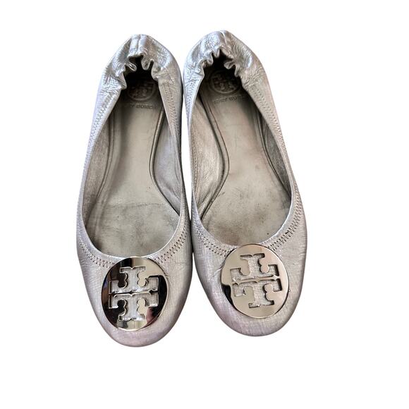 Tory Burch Women's Silver Leather Reva Ballet Flats Size 8 - Picture 1 of 10